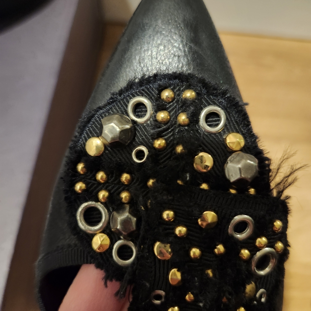 Prada Black Leather Pointed-Toe Embellished Mules with Burgundy Insole - Picture 4 of 6